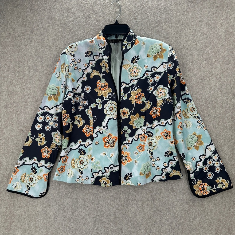 Mesmerize Asian‎ Floral Mandarin Collar Jacket Top Satin Blouse XL Blue Green